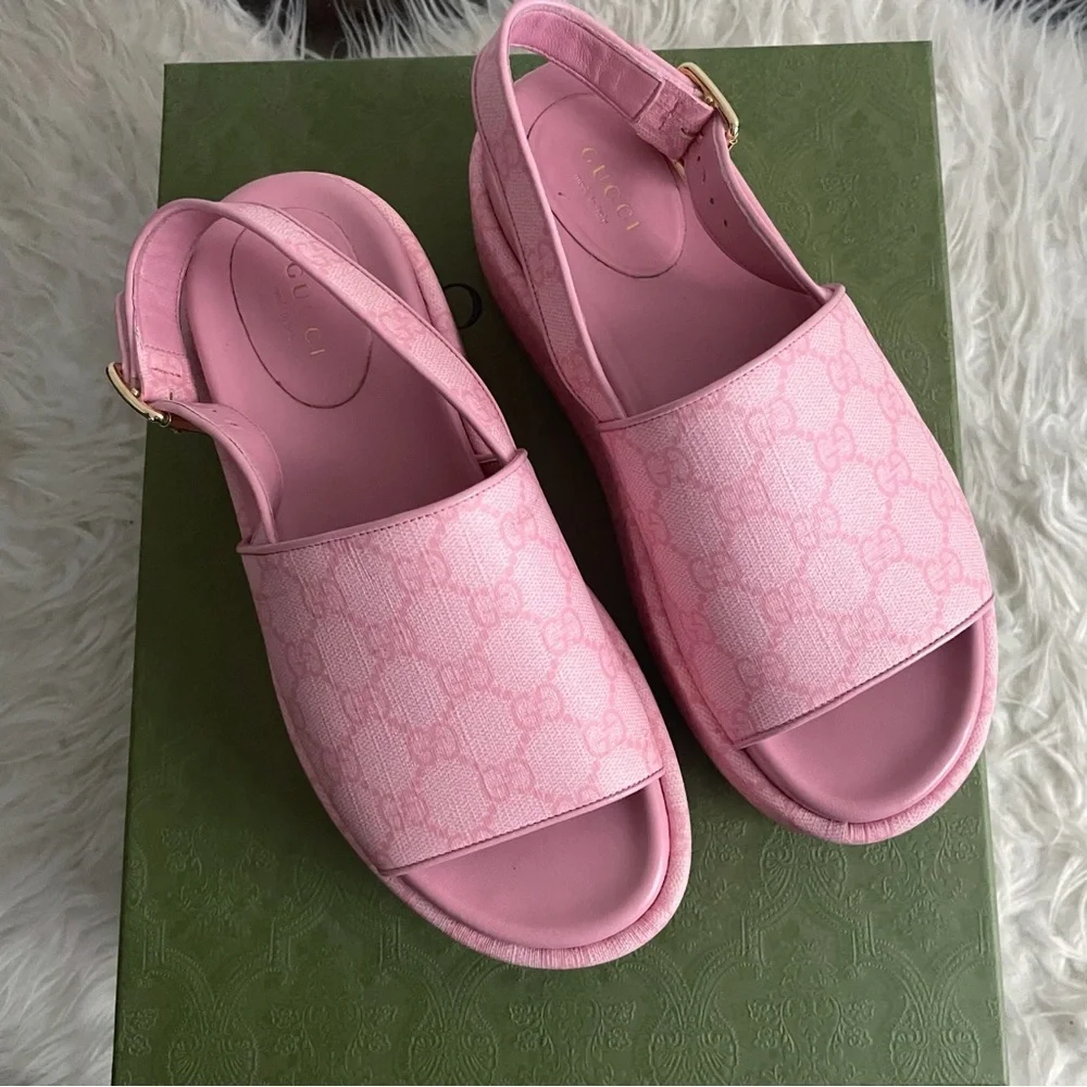 Gucci Angelina Pink GG Supreme Coated Canvas Slingback Platform Sandals 38 - Picture 16 of 16